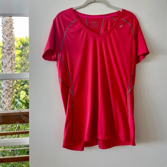 Asics Hot Pink V-Neck, Short-Sleeve Top, Size XL‎ - Picture 1 of 4